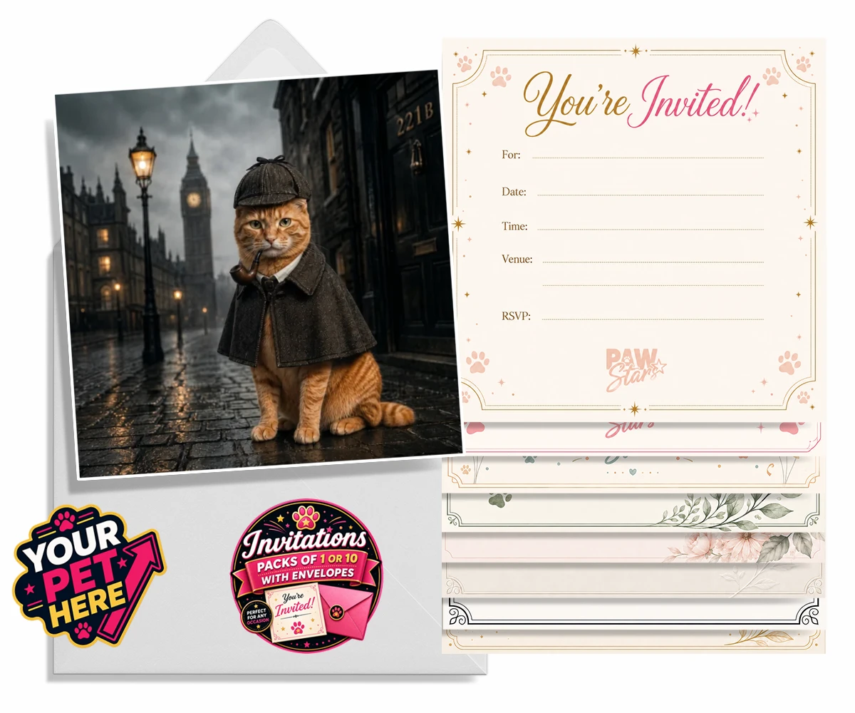 Personalised The Great Detective cat invitations featuring step into a world of mystery and intrigue with "The Great Detective,"