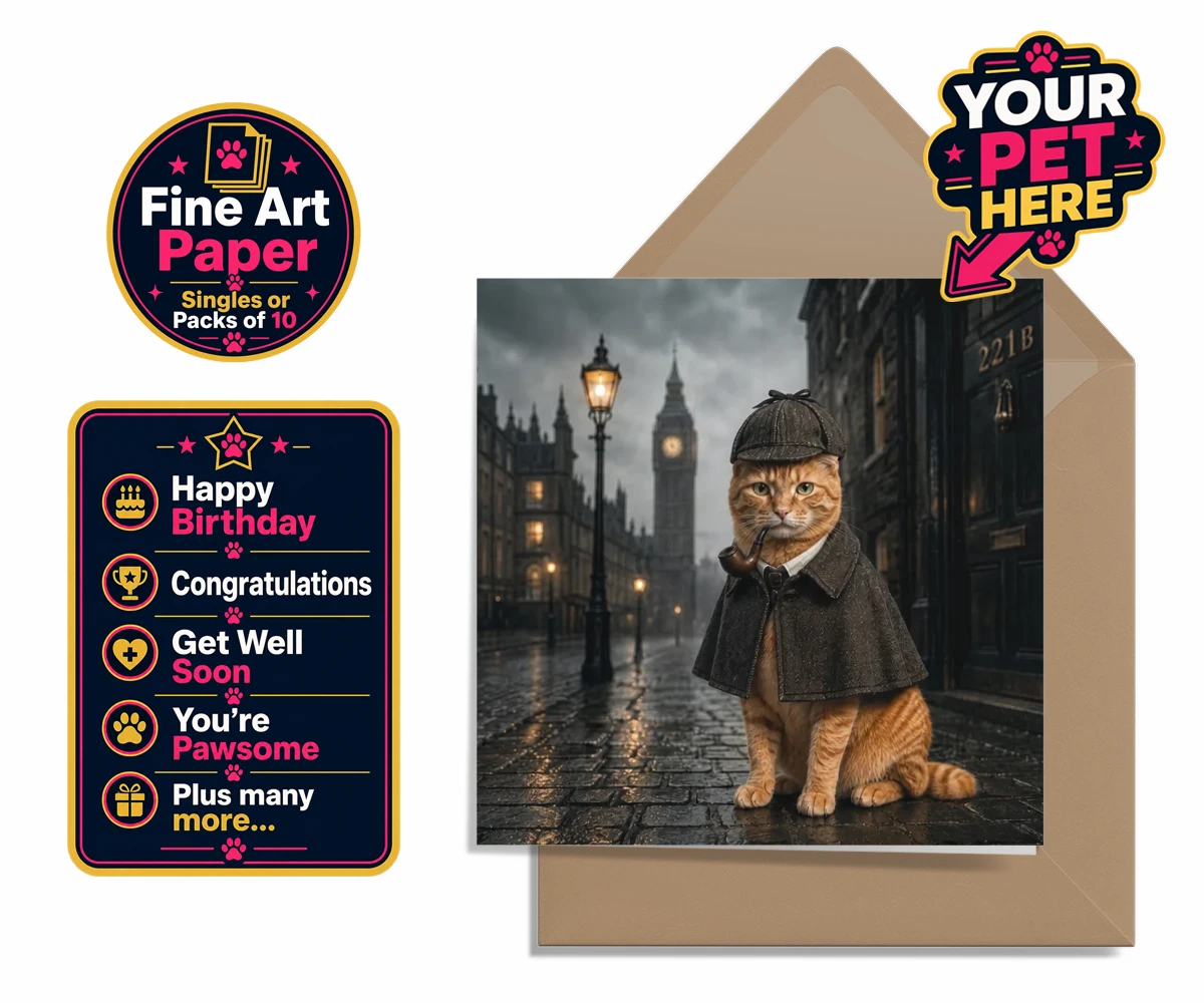 Personalised The Great Detective cat premium greetings cards featuring step into a world of mystery and intrigue with "The Great Detective,"
