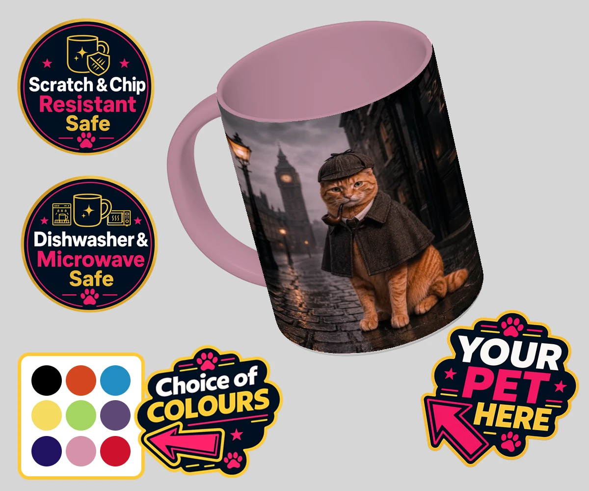 Personalised The Great Detective cat coloured photo mugs featuring step into a world of mystery and intrigue with "The Great Detective,"
