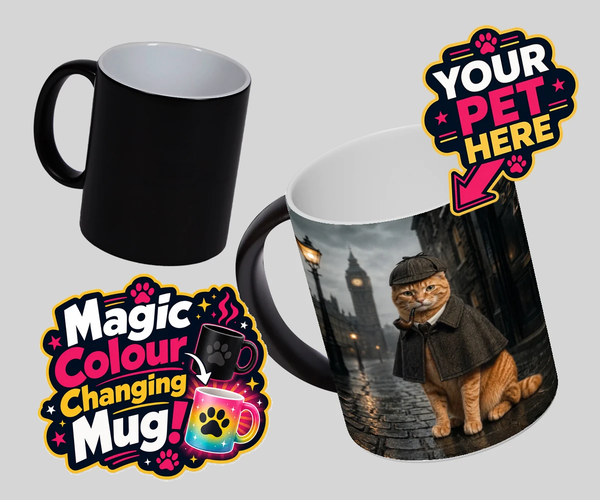 Personalised The Great Detective cat magic photo mugs featuring step into a world of mystery and intrigue with "The Great Detective,"