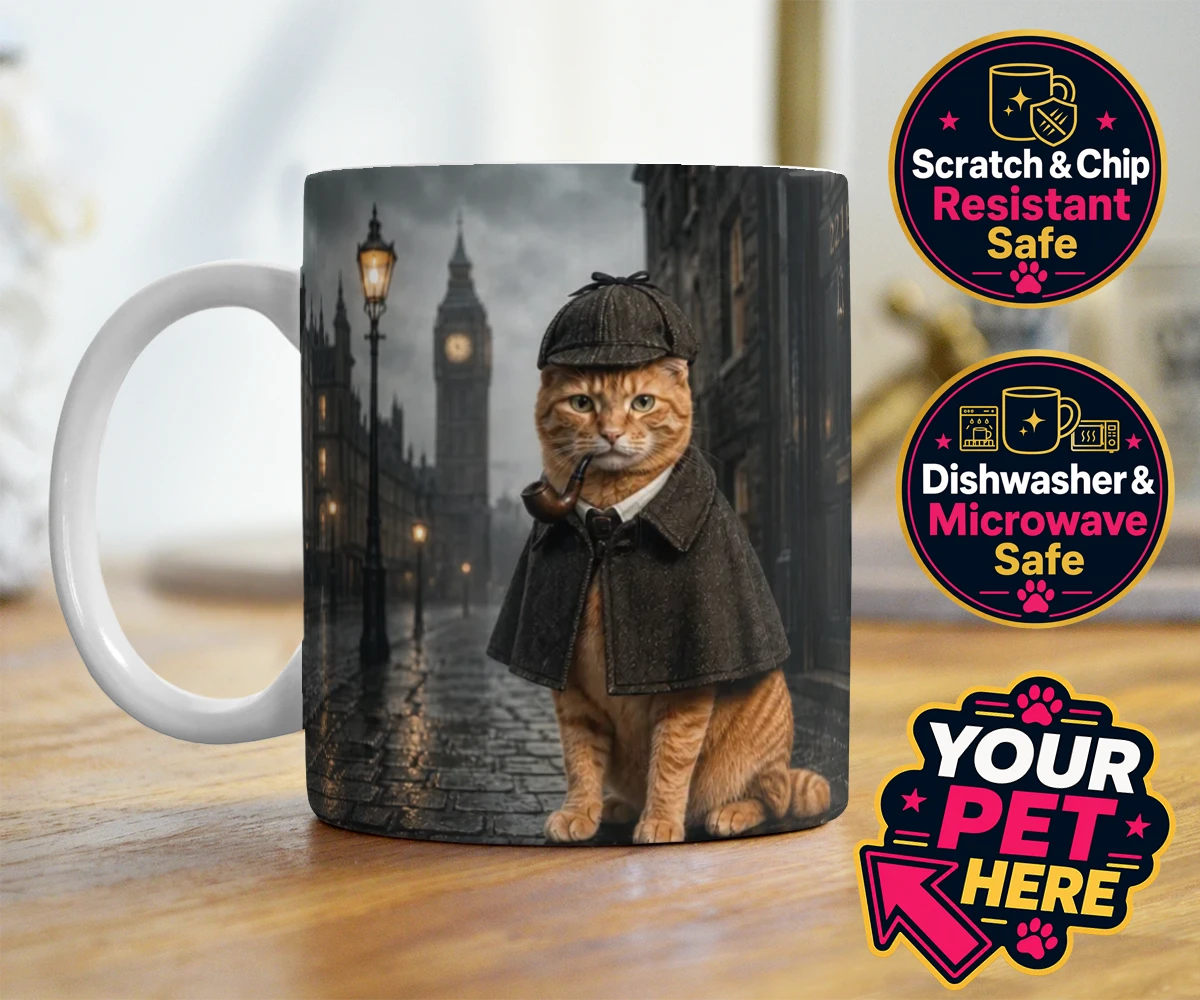 Personalised The Great Detective cat photo mugs featuring step into a world of mystery and intrigue with "The Great Detective,"