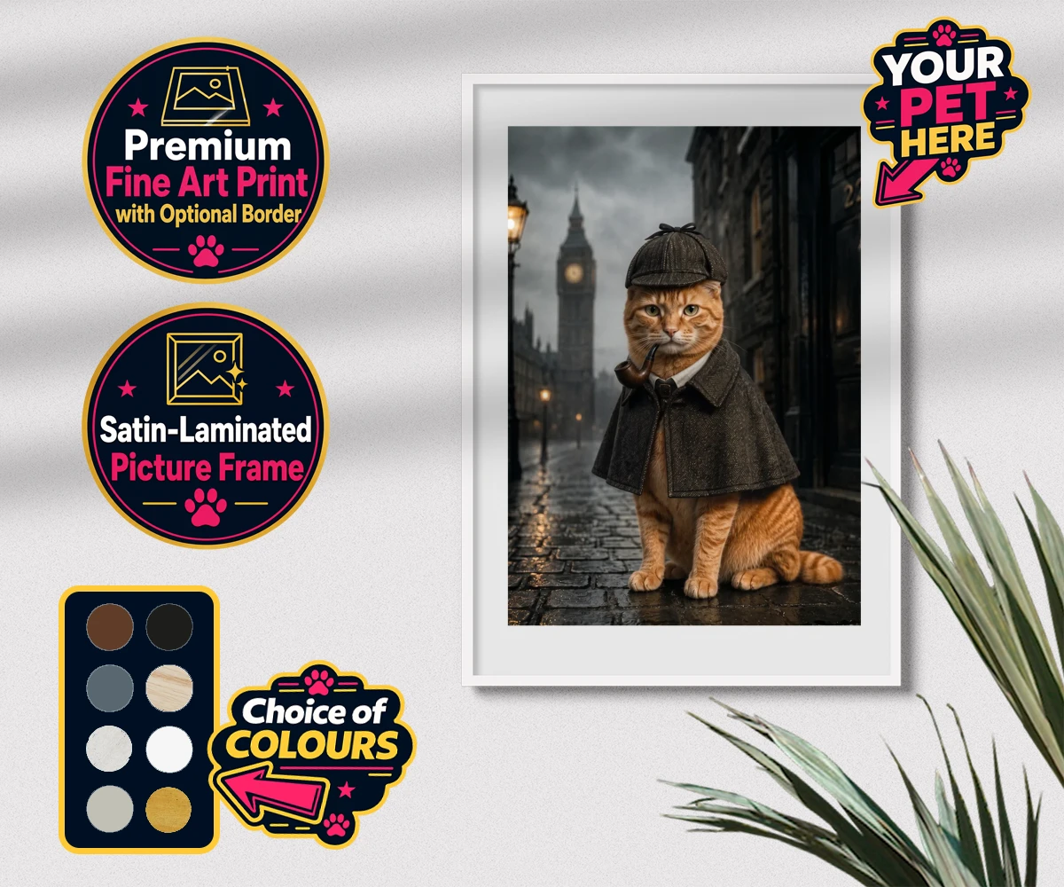 Personalised The Great Detective cat premium framed print featuring step into a world of mystery and intrigue with "The Great Detective,"