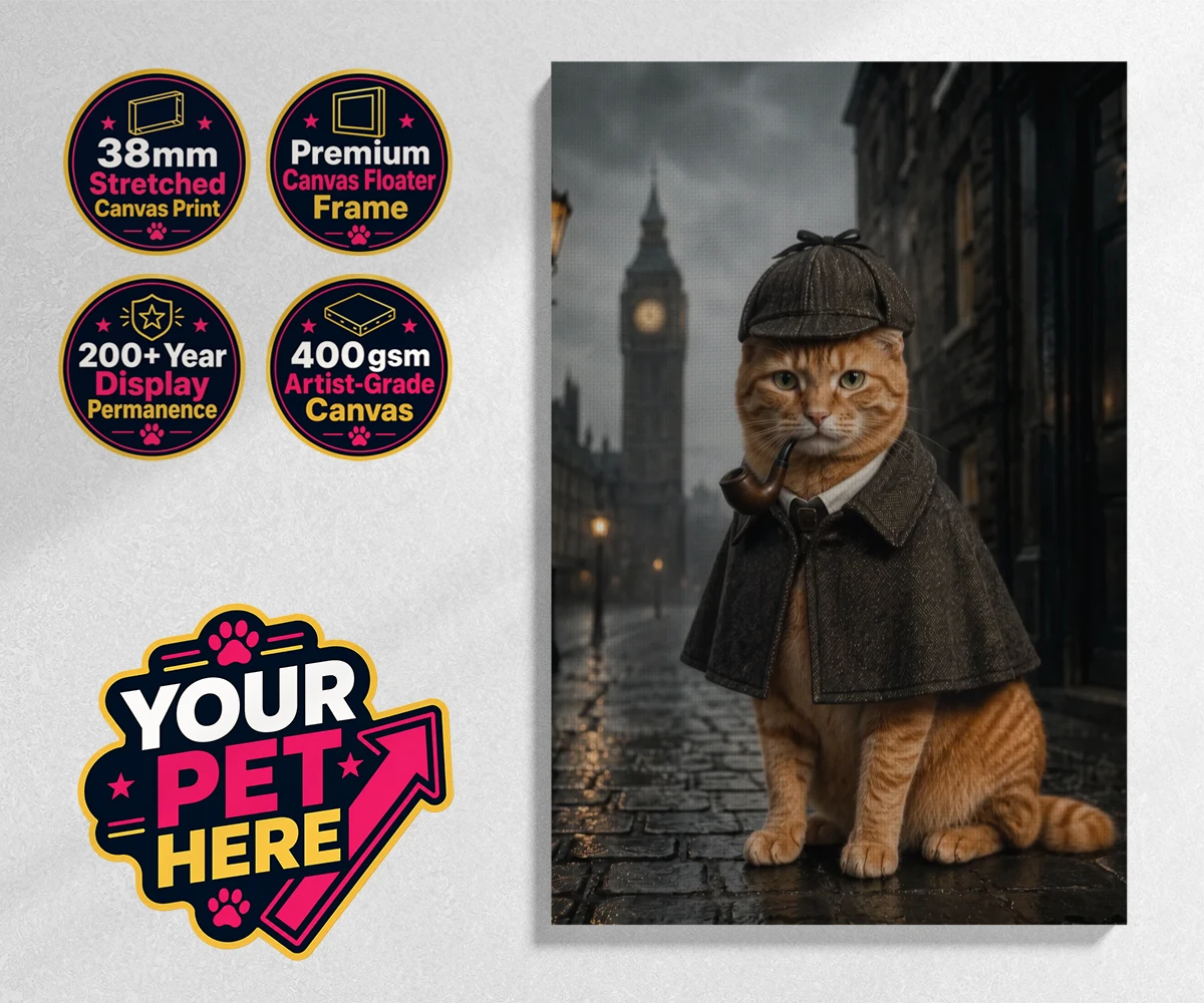 Personalised The Great Detective cat stretched canvas print featuring step into a world of mystery and intrigue with "The Great Detective,"