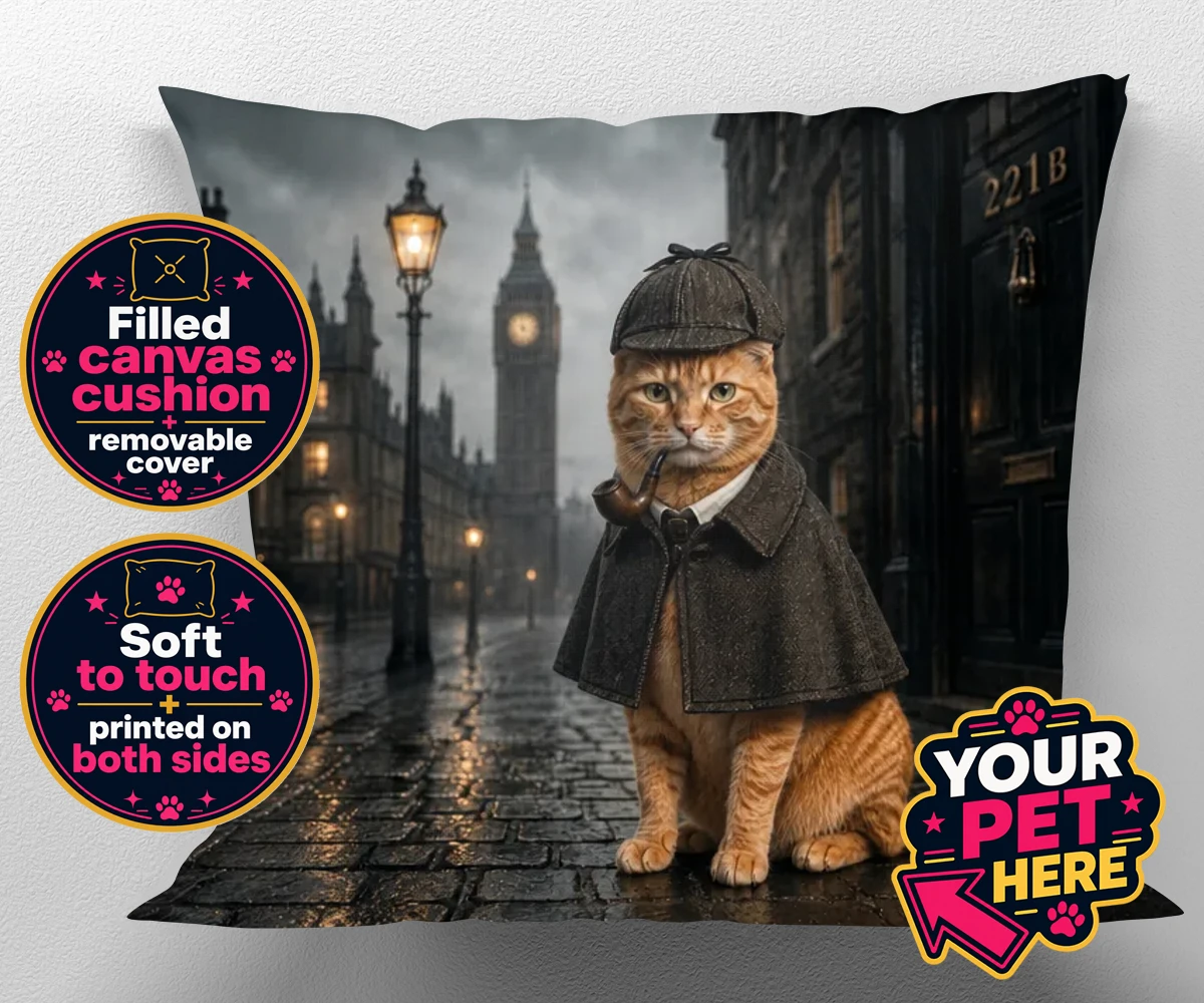 Personalised The Great Detective cat canvas cushions featuring step into a world of mystery and intrigue with "The Great Detective,"