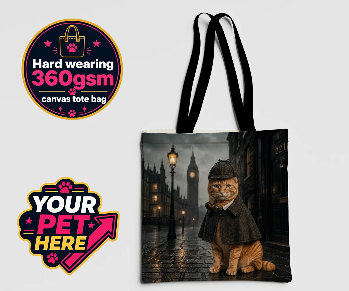 Personalised The Great Detective cat canvas tote bags featuring step into a world of mystery and intrigue with "The Great Detective,"