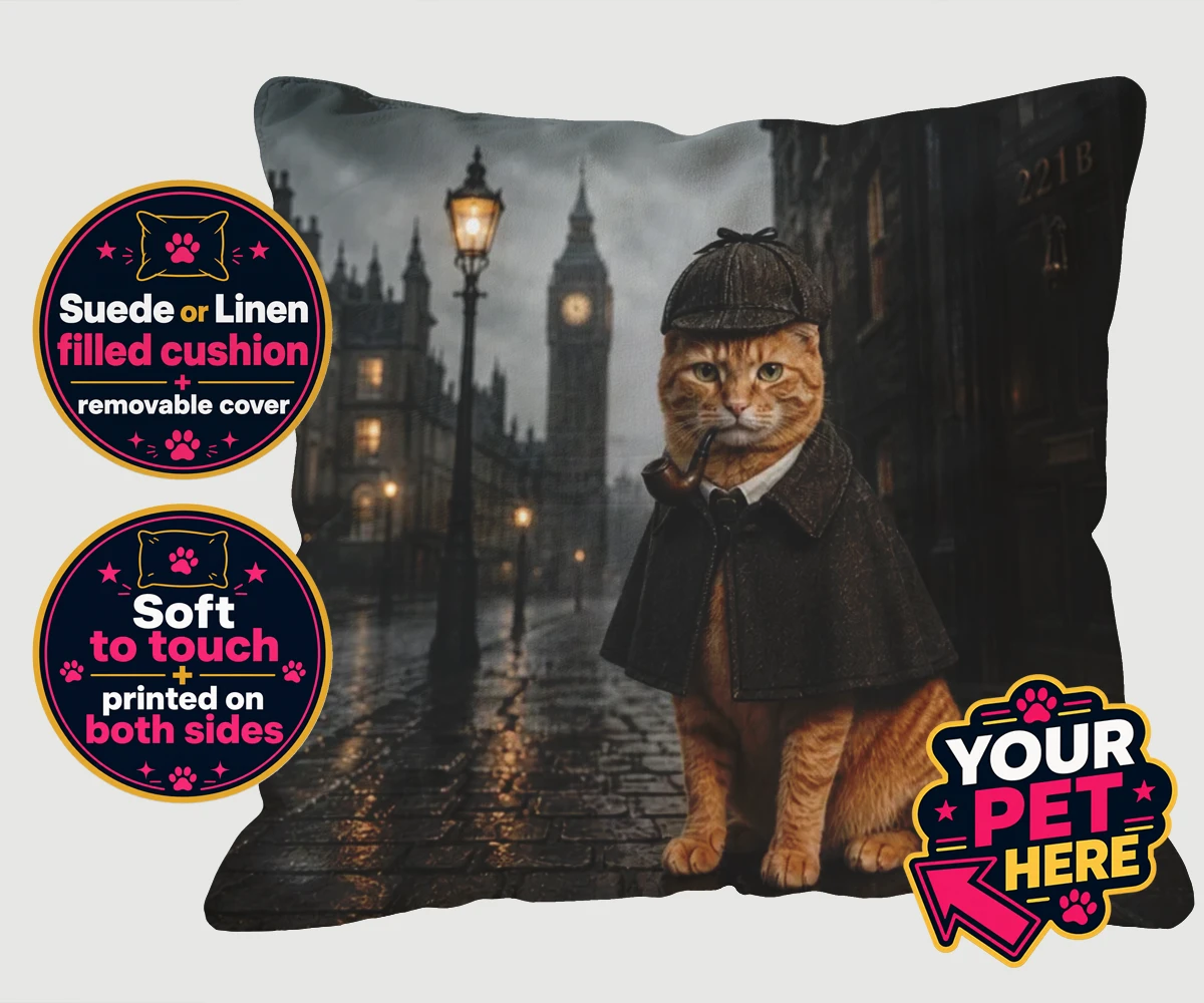 Personalised The Great Detective cat cushions featuring step into a world of mystery and intrigue with "The Great Detective,"