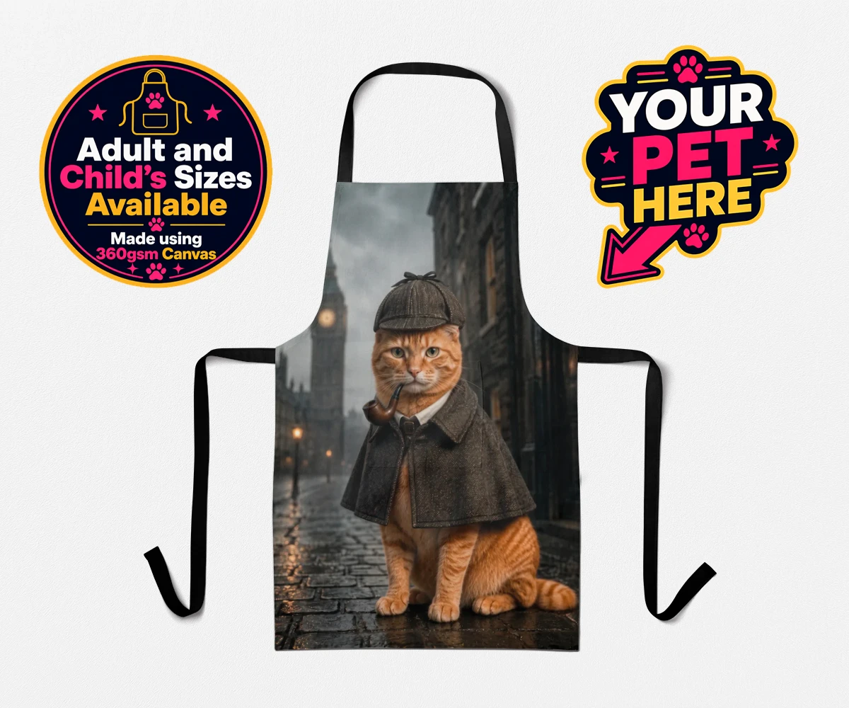 Personalised The Great Detective cat aprons featuring step into a world of mystery and intrigue with "The Great Detective,"
