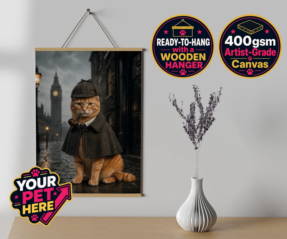Personalised The Great Detective cat canvas poster prints with hanger featuring step into a world of mystery and intrigue with "The Great Detective,"