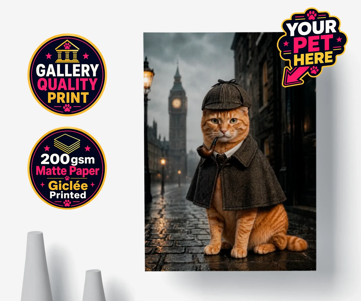 Personalised poster print featuring The Great Detective cat in tweed coat and hat against a foggy London street.