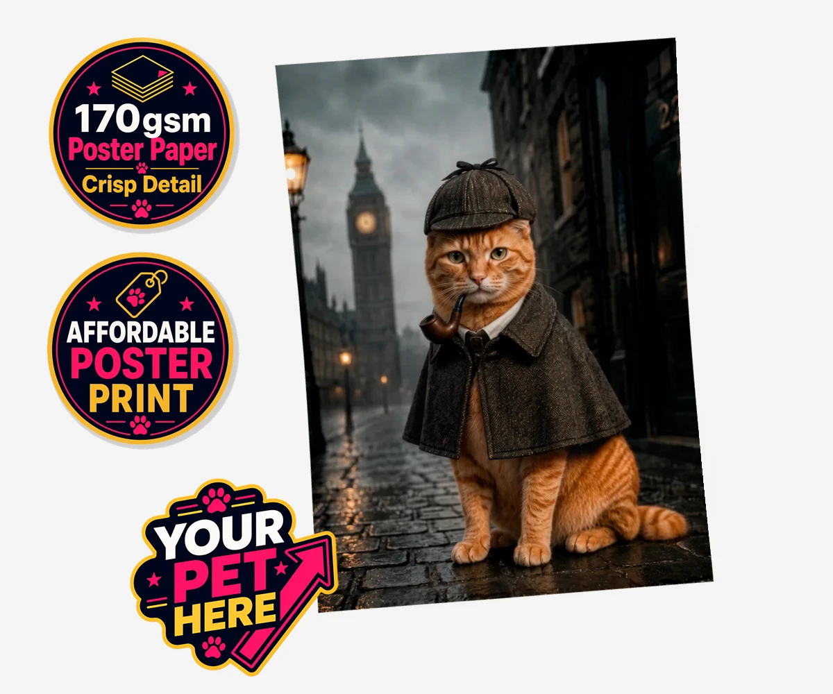 Personalised The Great Detective cat standard poster print featuring step into a world of mystery and intrigue with "The Great Detective,"