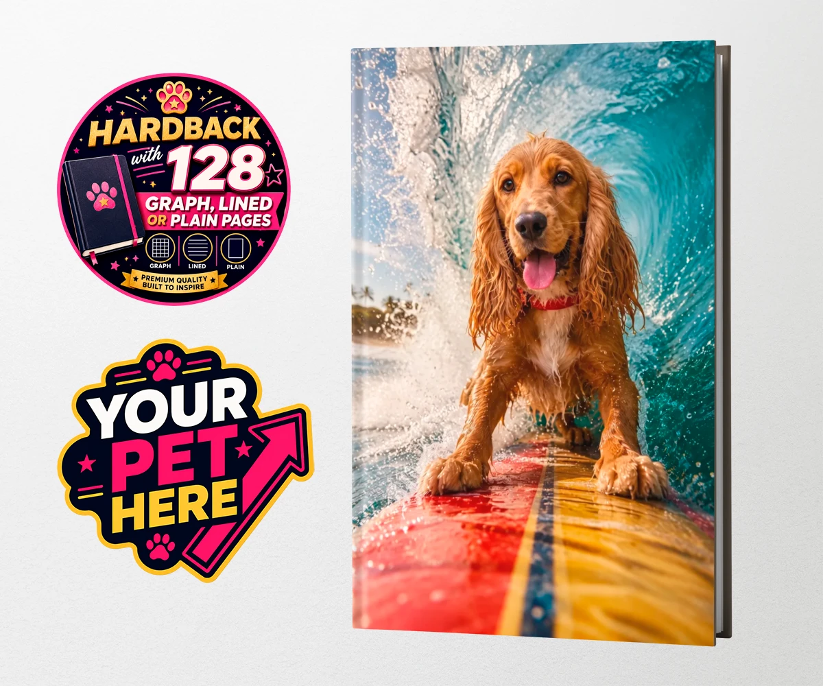 Personalised Paw Surf Rider dog hardback notebooks featuring meet Paw Surf Rider, the ultimate embodiment of sun, waves, and furry