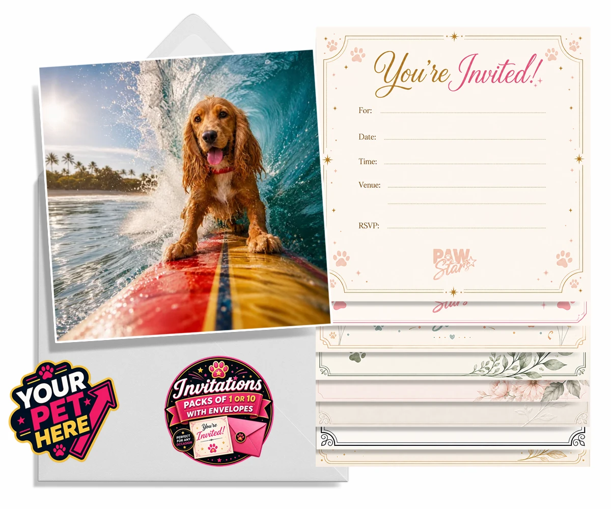 Personalised Paw Surf Rider dog invitations featuring meet Paw Surf Rider, the ultimate embodiment of sun, waves, and furry
