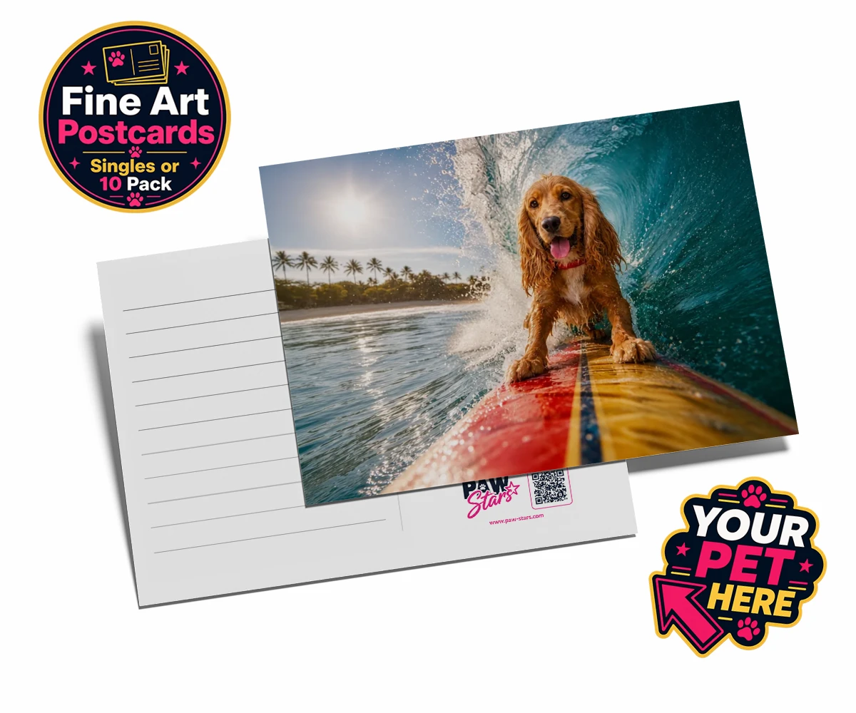 Personalised Paw Surf Rider dog postcards featuring meet Paw Surf Rider, the ultimate embodiment of sun, waves, and furry