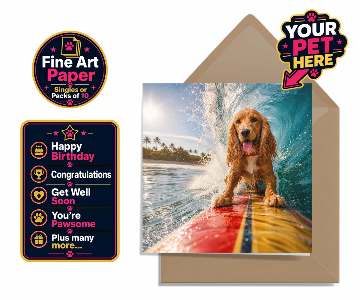 Personalised Paw Surf Rider dog premium greetings cards featuring meet Paw Surf Rider, the ultimate embodiment of sun, waves, and furry