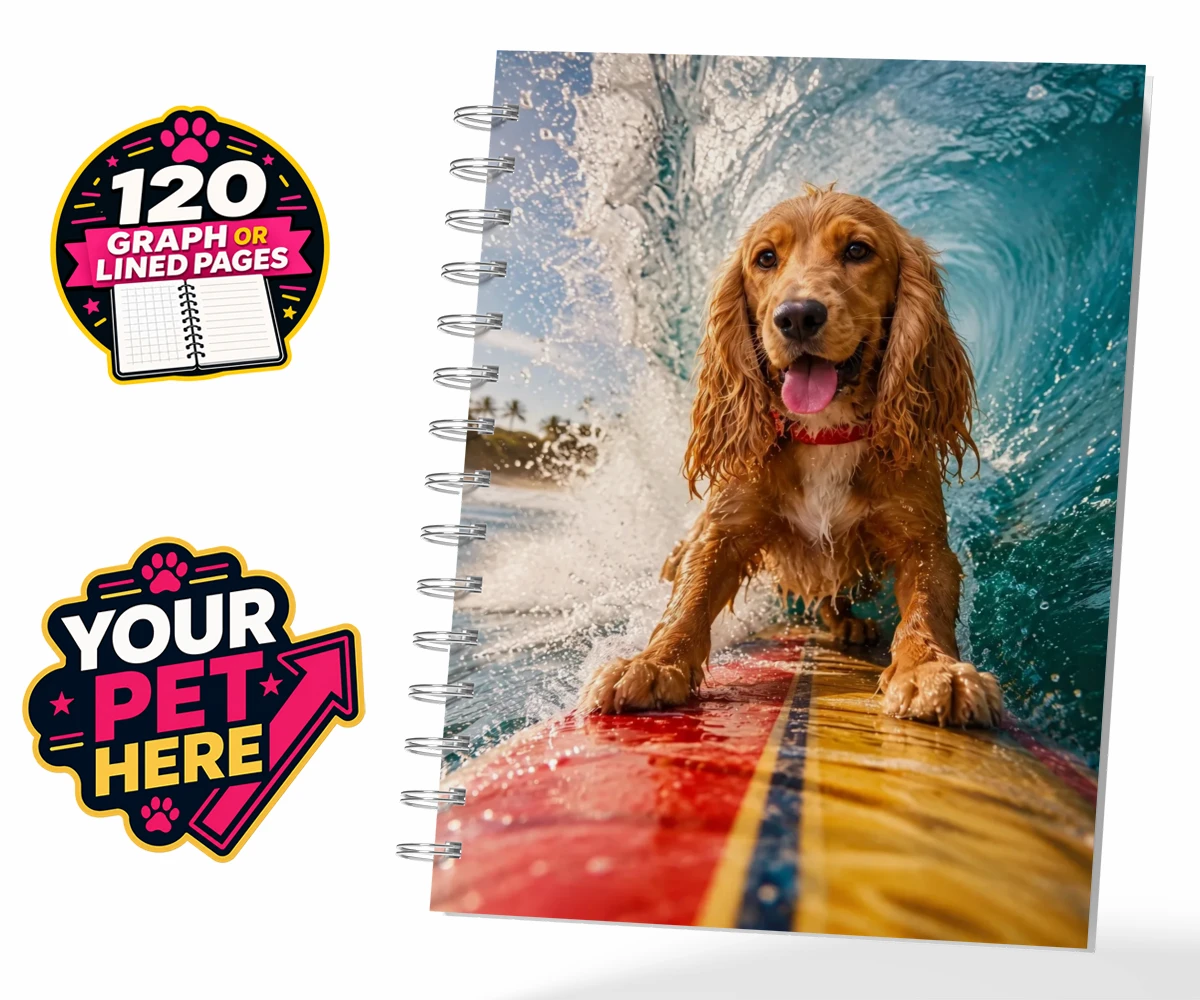 Personalised Paw Surf Rider dog spiral notebook featuring meet Paw Surf Rider, the ultimate embodiment of sun, waves, and furry