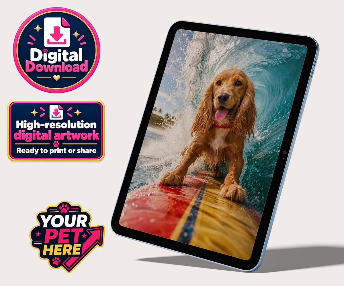 Personalised digital portrait of Paw Surf Rider, a dog in a sporty collar, riding a surfboard with vibrant ocean waves.