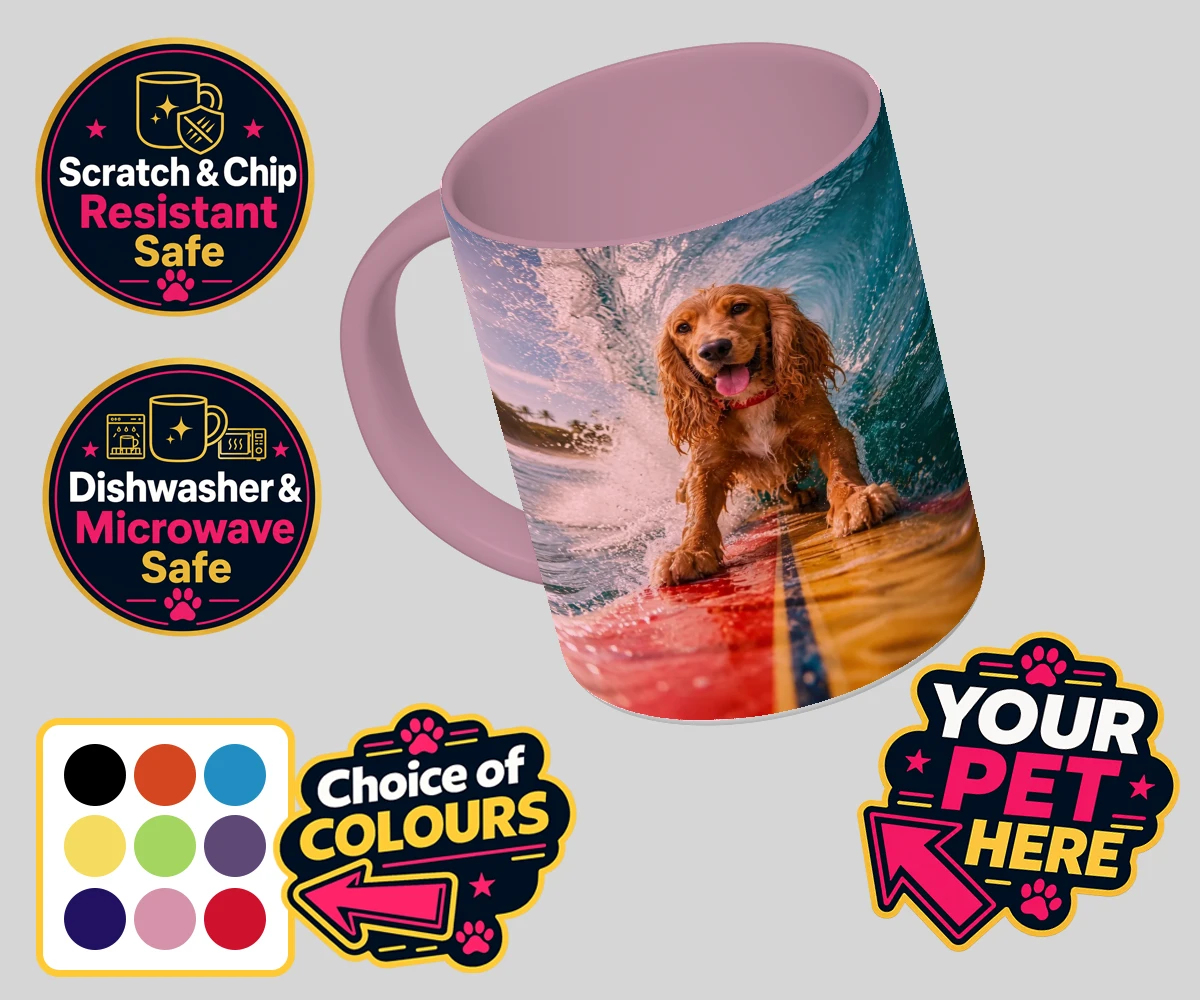 Personalised Paw Surf Rider dog coloured photo mugs featuring meet Paw Surf Rider, the ultimate embodiment of sun, waves, and furry