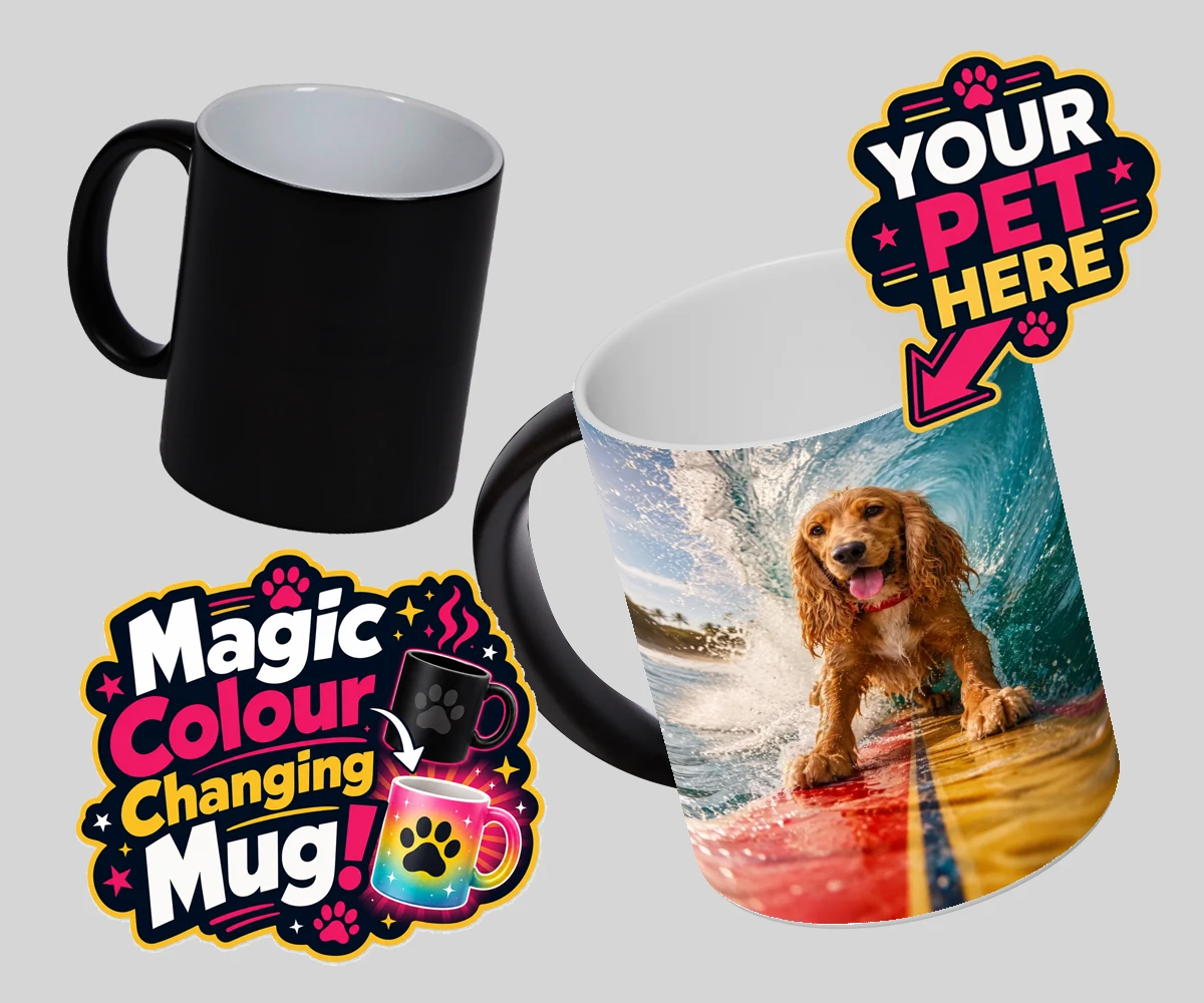 Personalised Paw Surf Rider dog magic photo mugs featuring meet Paw Surf Rider, the ultimate embodiment of sun, waves, and furry