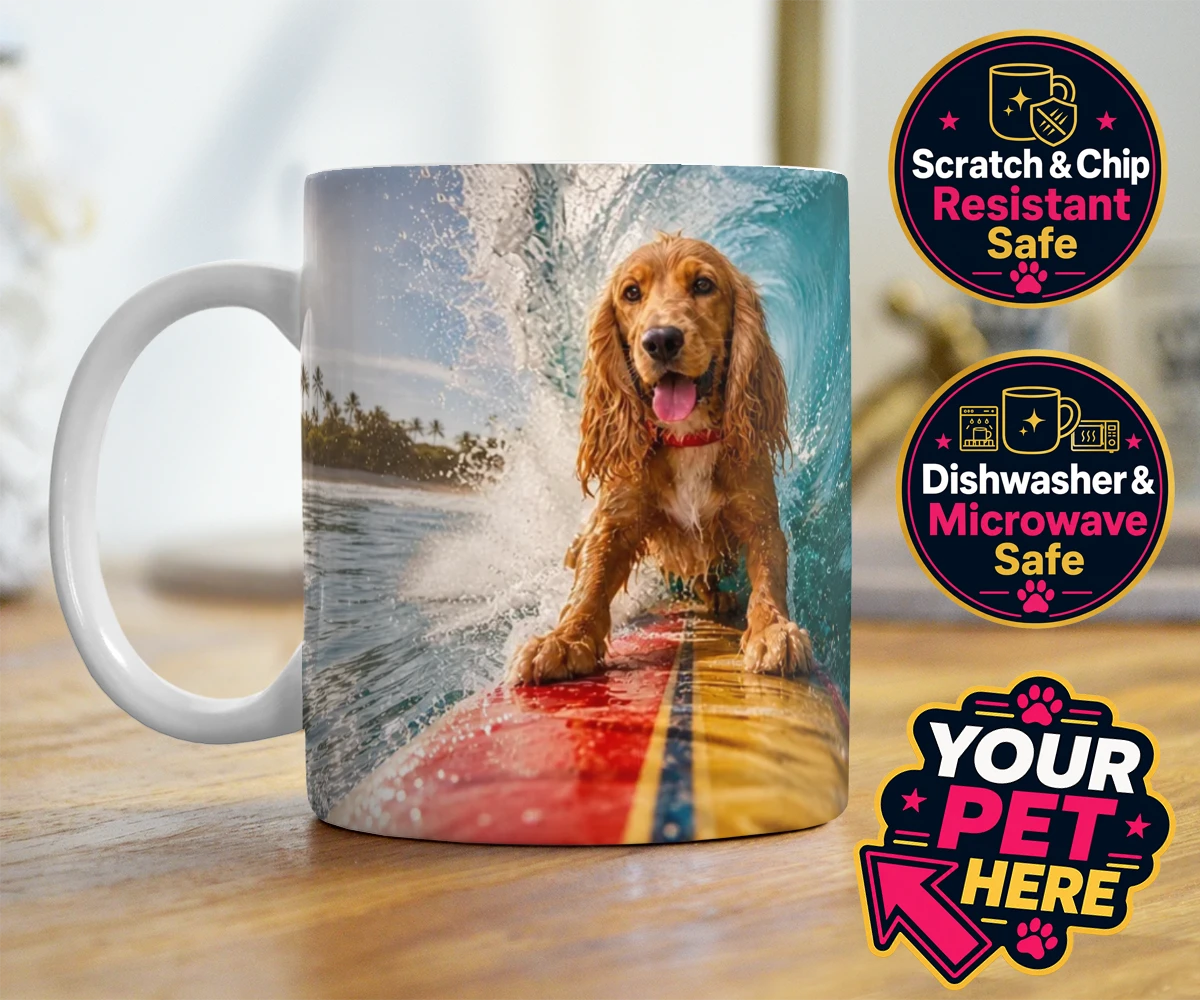 Personalised Paw Surf Rider dog photo mugs featuring meet Paw Surf Rider, the ultimate embodiment of sun, waves, and furry