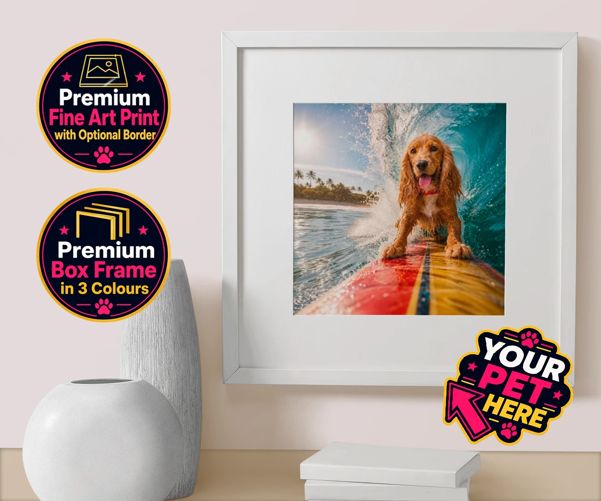Personalised Paw Surf Rider dog box framed print featuring meet Paw Surf Rider, the ultimate embodiment of sun, waves, and furry