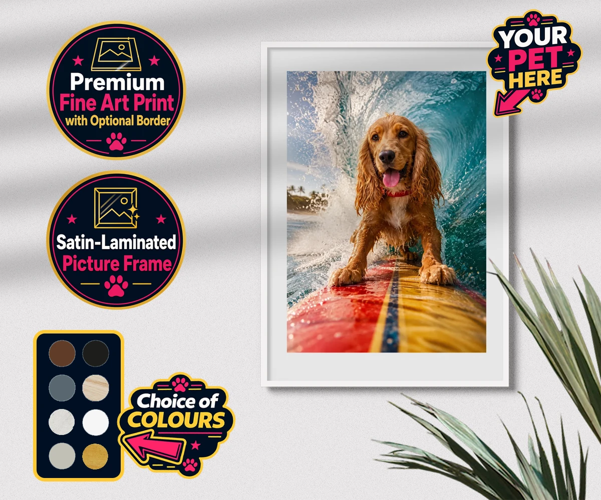 Personalised Paw Surf Rider dog premium framed print featuring meet Paw Surf Rider, the ultimate embodiment of sun, waves, and furry