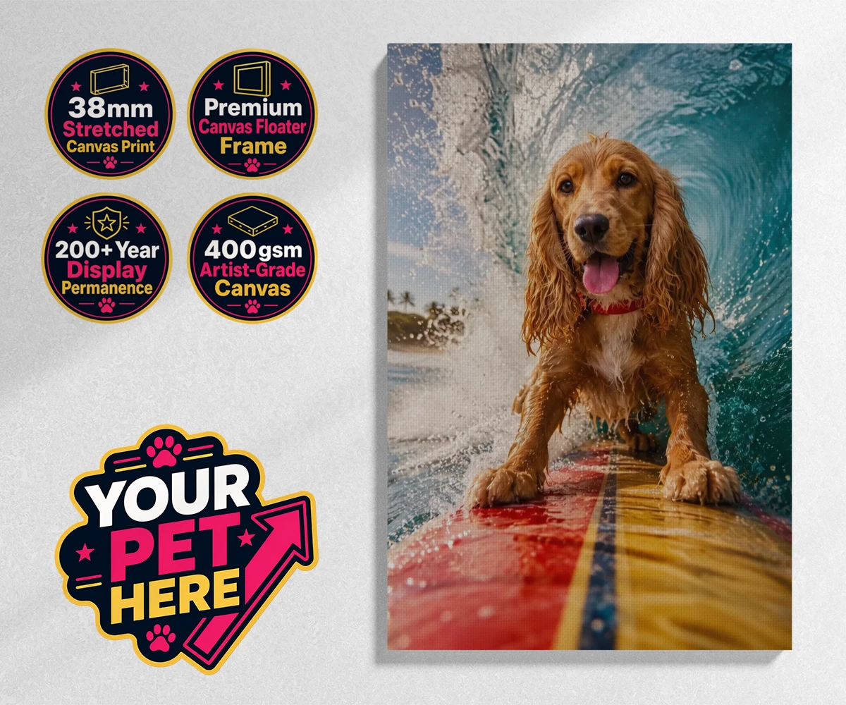 Personalised Paw Surf Rider dog stretched canvas print featuring meet Paw Surf Rider, the ultimate embodiment of sun, waves, and furry