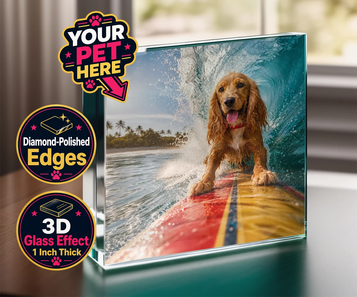 Personalised Paw Surf Rider dog acrylic prisms featuring meet Paw Surf Rider, the ultimate embodiment of sun, waves, and furry