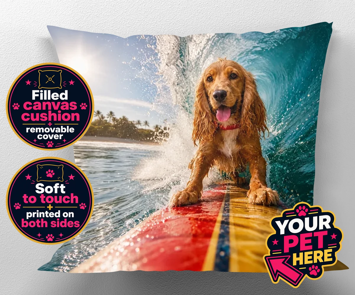 Personalised Paw Surf Rider dog canvas cushions featuring meet Paw Surf Rider, the ultimate embodiment of sun, waves, and furry