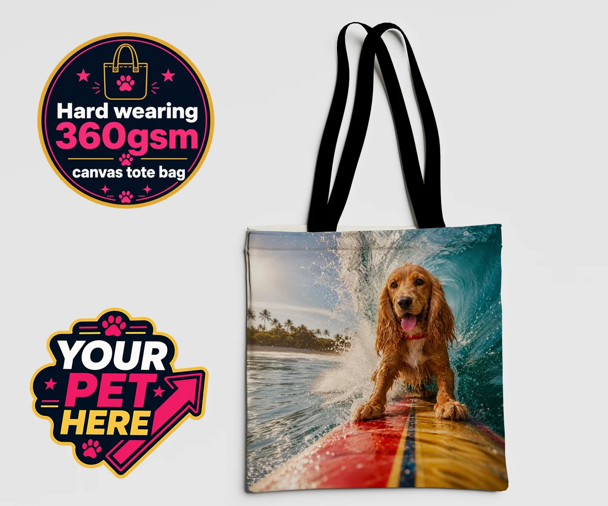 Personalised Paw Surf Rider dog canvas tote bags featuring meet Paw Surf Rider, the ultimate embodiment of sun, waves, and furry
