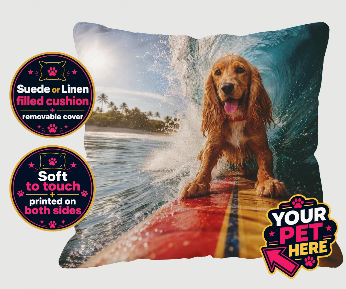 Personalised Paw Surf Rider dog cushions featuring meet Paw Surf Rider, the ultimate embodiment of sun, waves, and furry