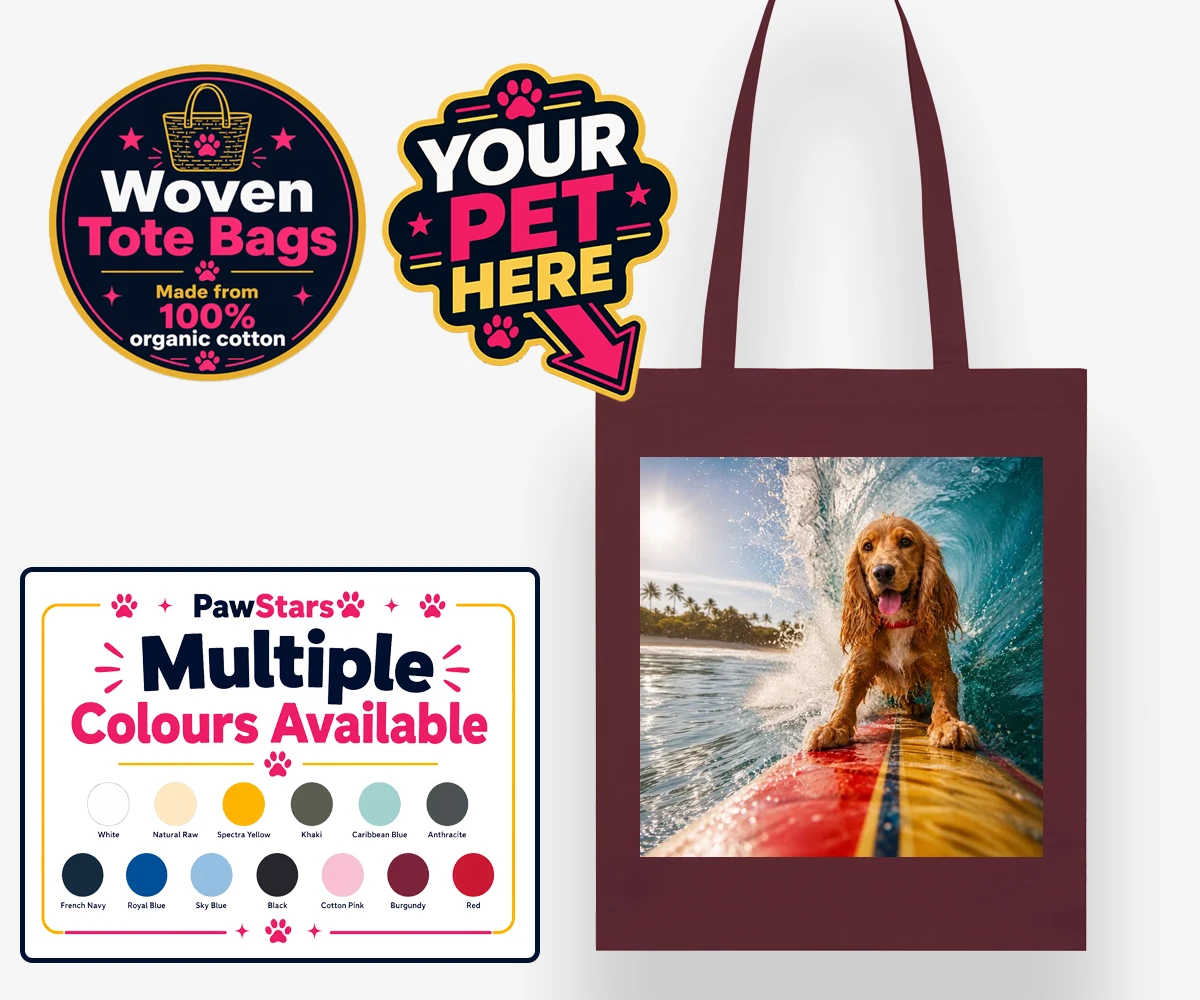 Personalised Paw Surf Rider dog woven tote bags featuring meet Paw Surf Rider, the ultimate embodiment of sun, waves, and furry