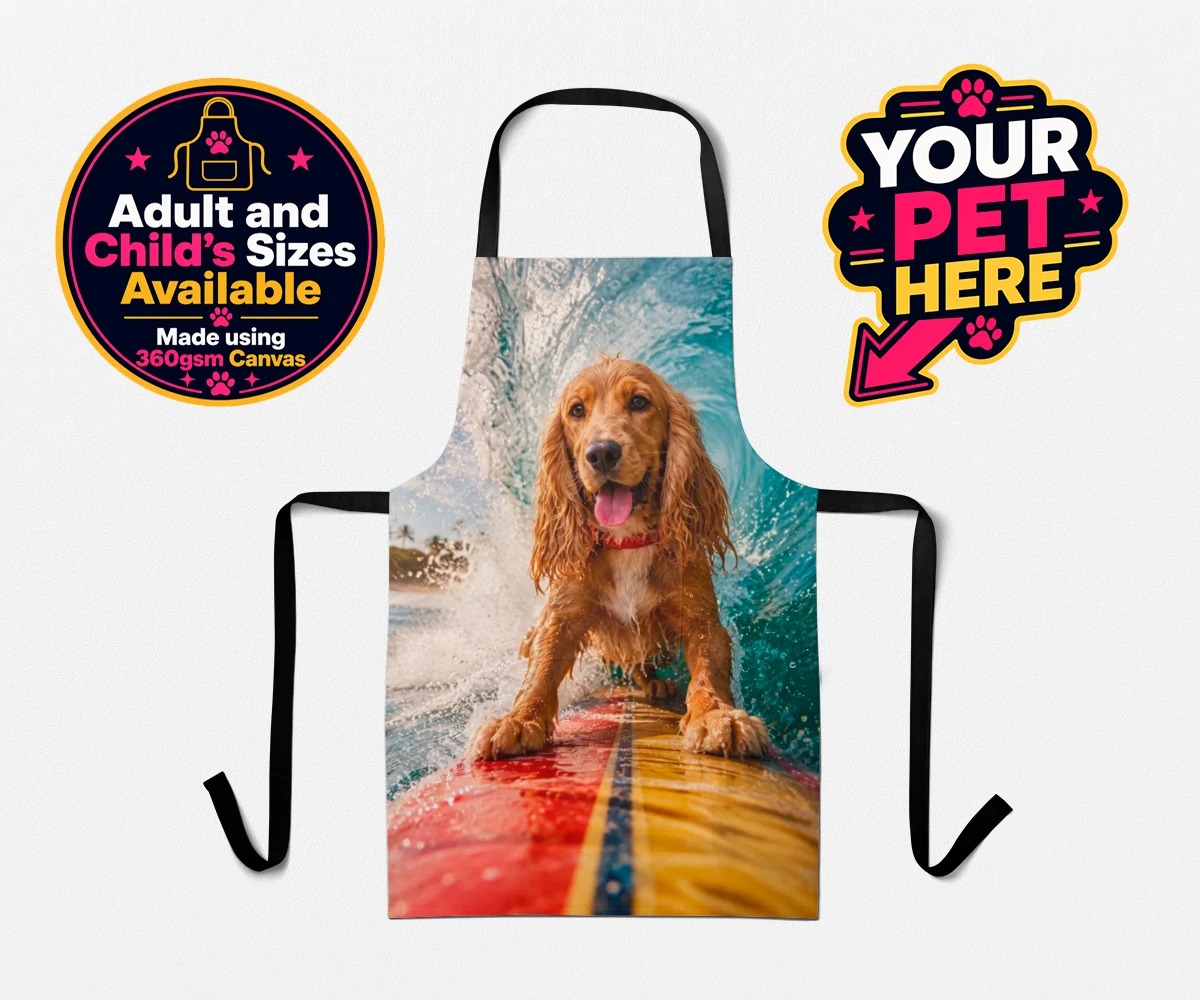 Personalised Paw Surf Rider dog aprons featuring meet Paw Surf Rider, the ultimate embodiment of sun, waves, and furry