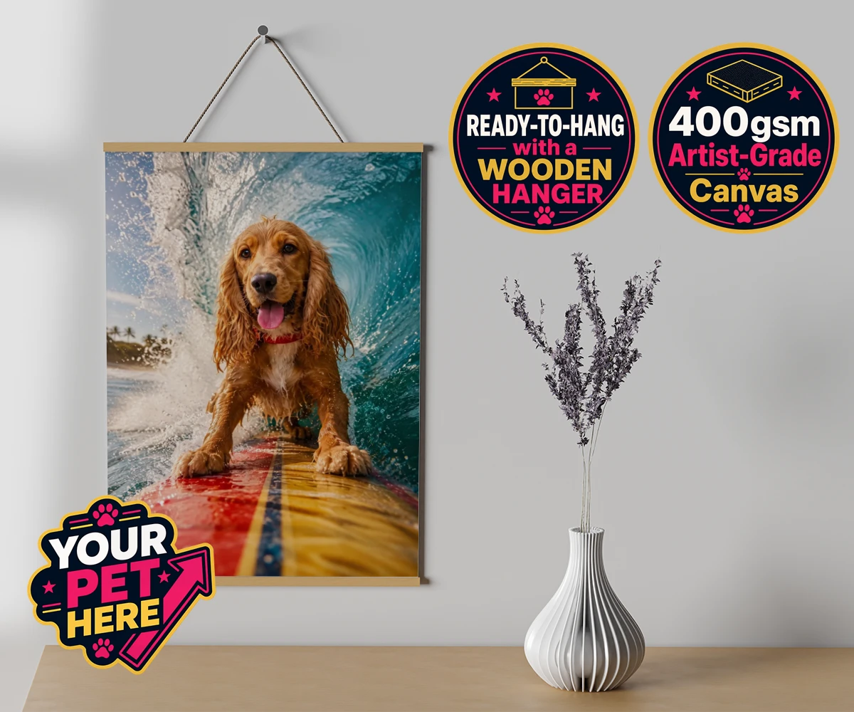 Personalised Paw Surf Rider dog canvas poster prints with hanger featuring meet Paw Surf Rider, the ultimate embodiment of sun, waves, and furry