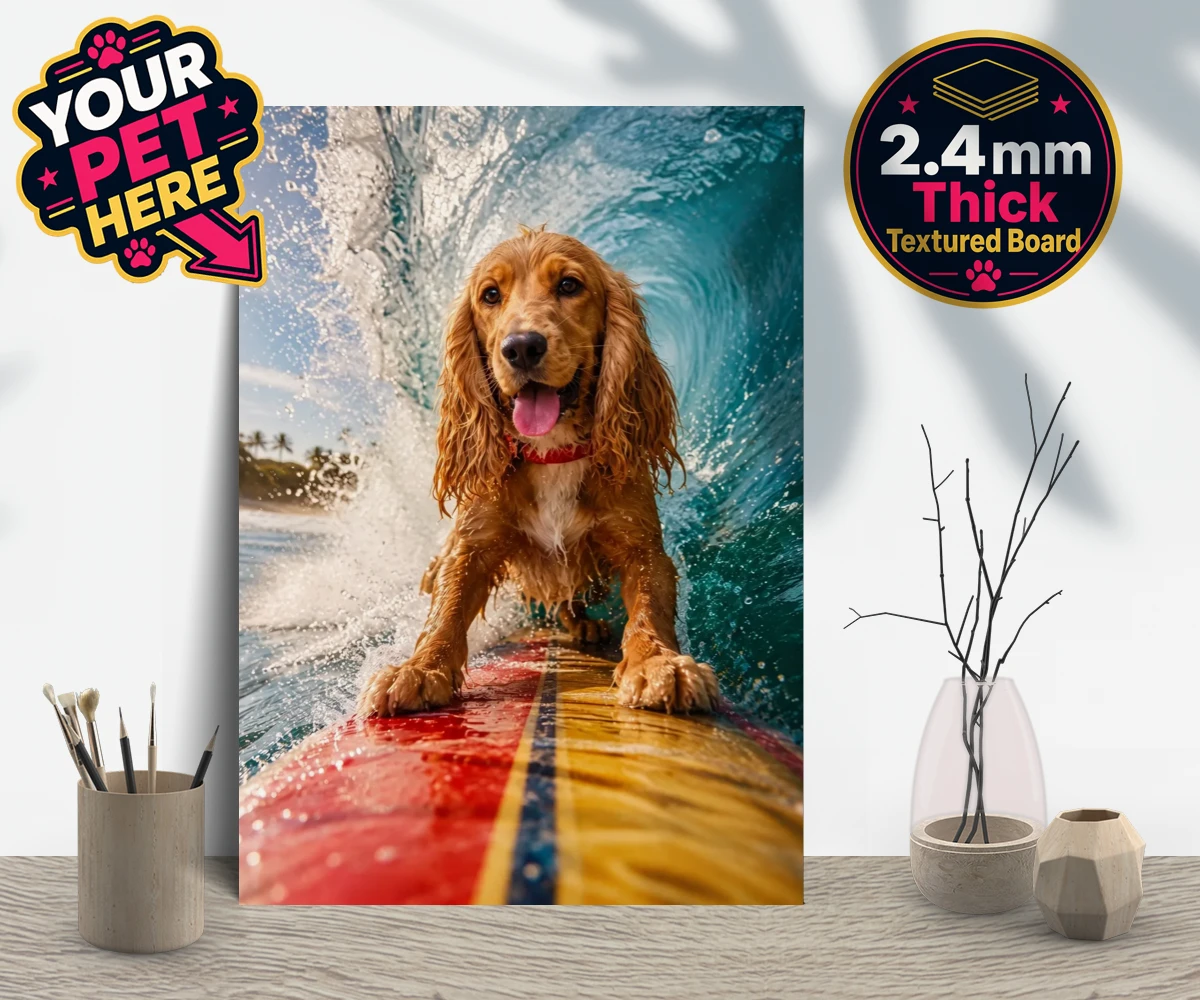 Personalised Paw Surf Rider dog gallery boards featuring meet Paw Surf Rider, the ultimate embodiment of sun, waves, and furry