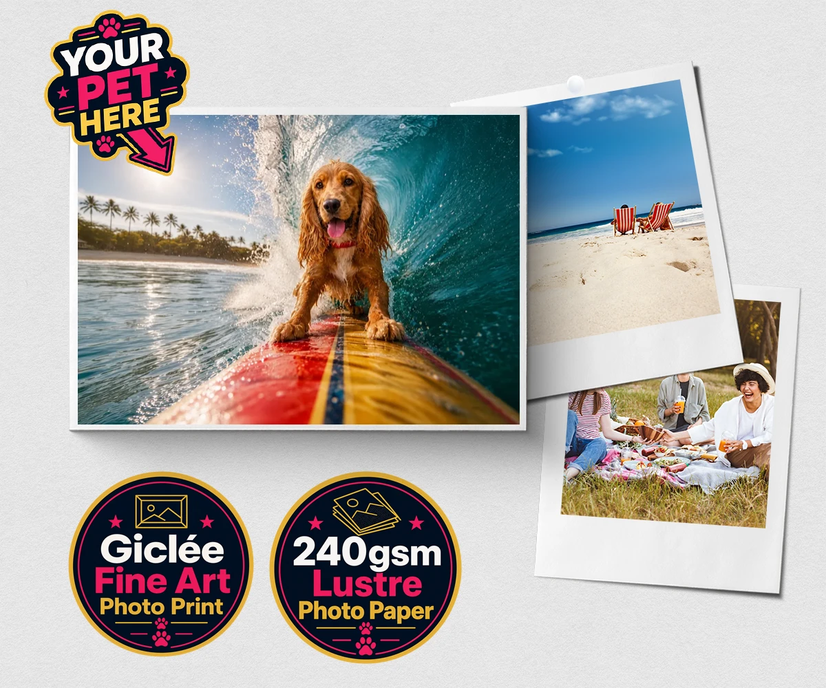 Personalised Paw Surf Rider dog premium photo print featuring meet Paw Surf Rider, the ultimate embodiment of sun, waves, and furry