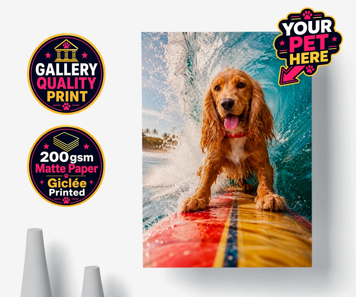 Personalised Paw Surf Rider dog premium poster print featuring meet Paw Surf Rider, the ultimate embodiment of sun, waves, and furry