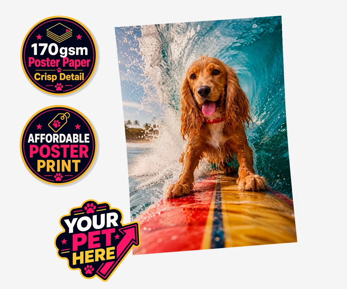 Personalised Paw Surf Rider dog standard poster print featuring meet Paw Surf Rider, the ultimate embodiment of sun, waves, and furry