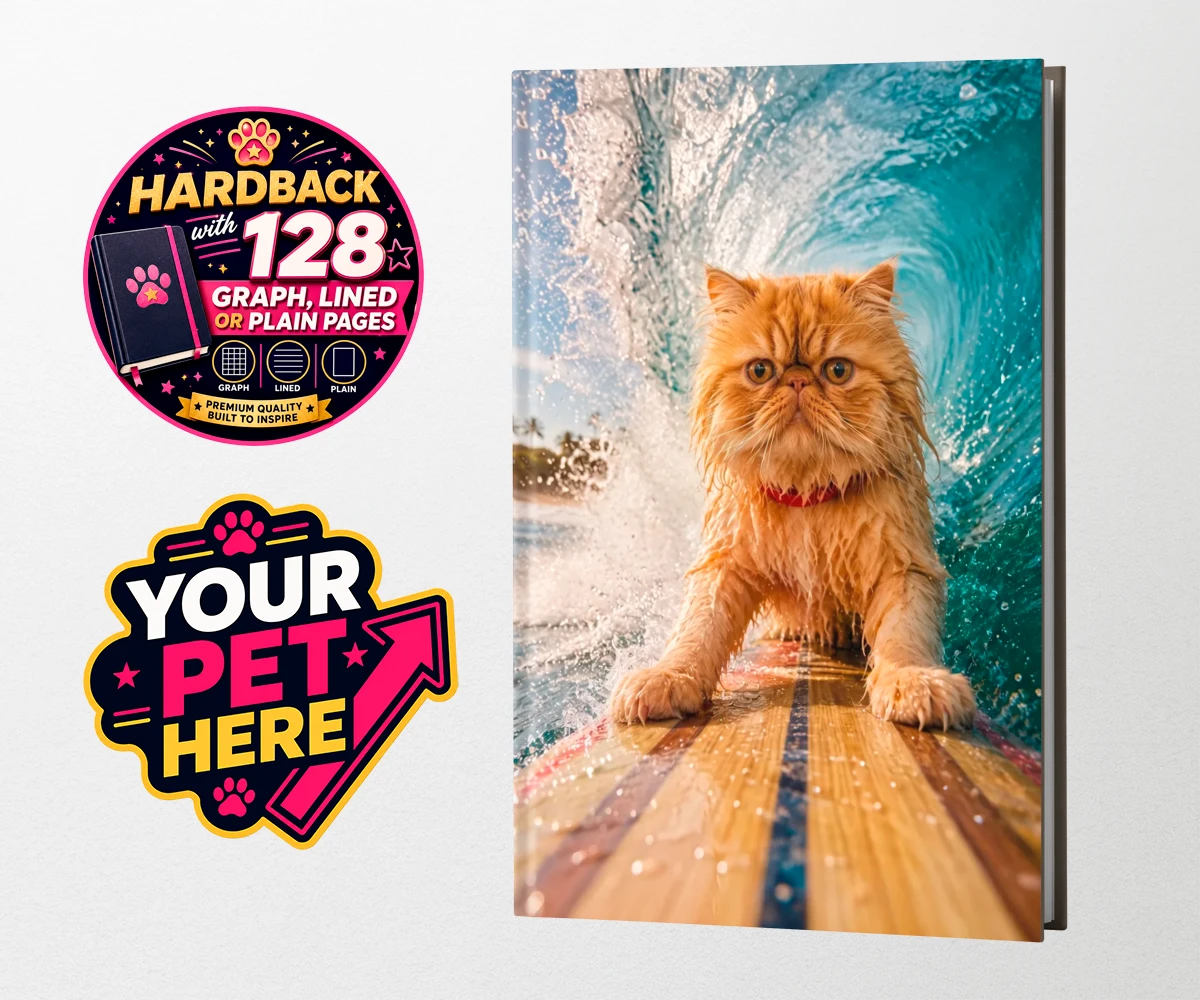 Personalised Paw Surf Rider cat hardback notebooks featuring a whimsical portrait that captures the essence of feline adventure and