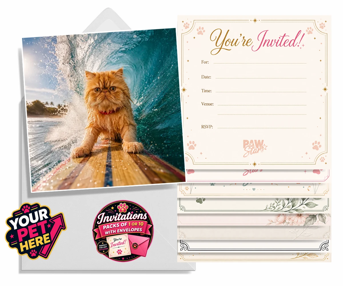Personalised Paw Surf Rider cat invitations featuring a whimsical portrait that captures the essence of feline adventure and