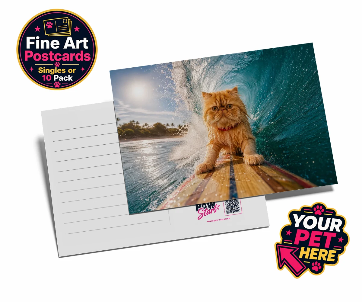 Personalised Paw Surf Rider cat postcards featuring a whimsical portrait that captures the essence of feline adventure and