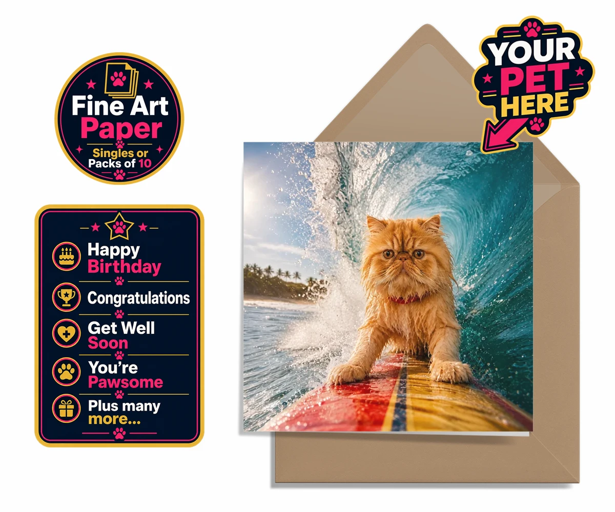 Personalised Paw Surf Rider cat premium greetings cards featuring a whimsical portrait that captures the essence of feline adventure and