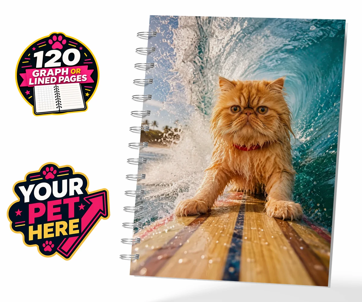Personalised Paw Surf Rider cat spiral notebook featuring a whimsical portrait that captures the essence of feline adventure and