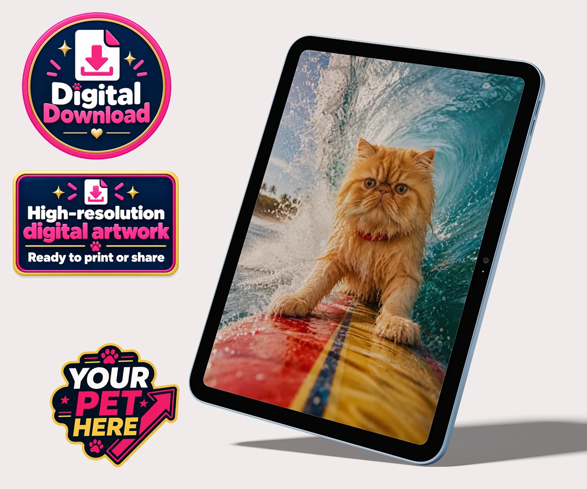 Personalised digital download of Paw Surf Rider cat on a surfboard with a bright red collar riding a wave