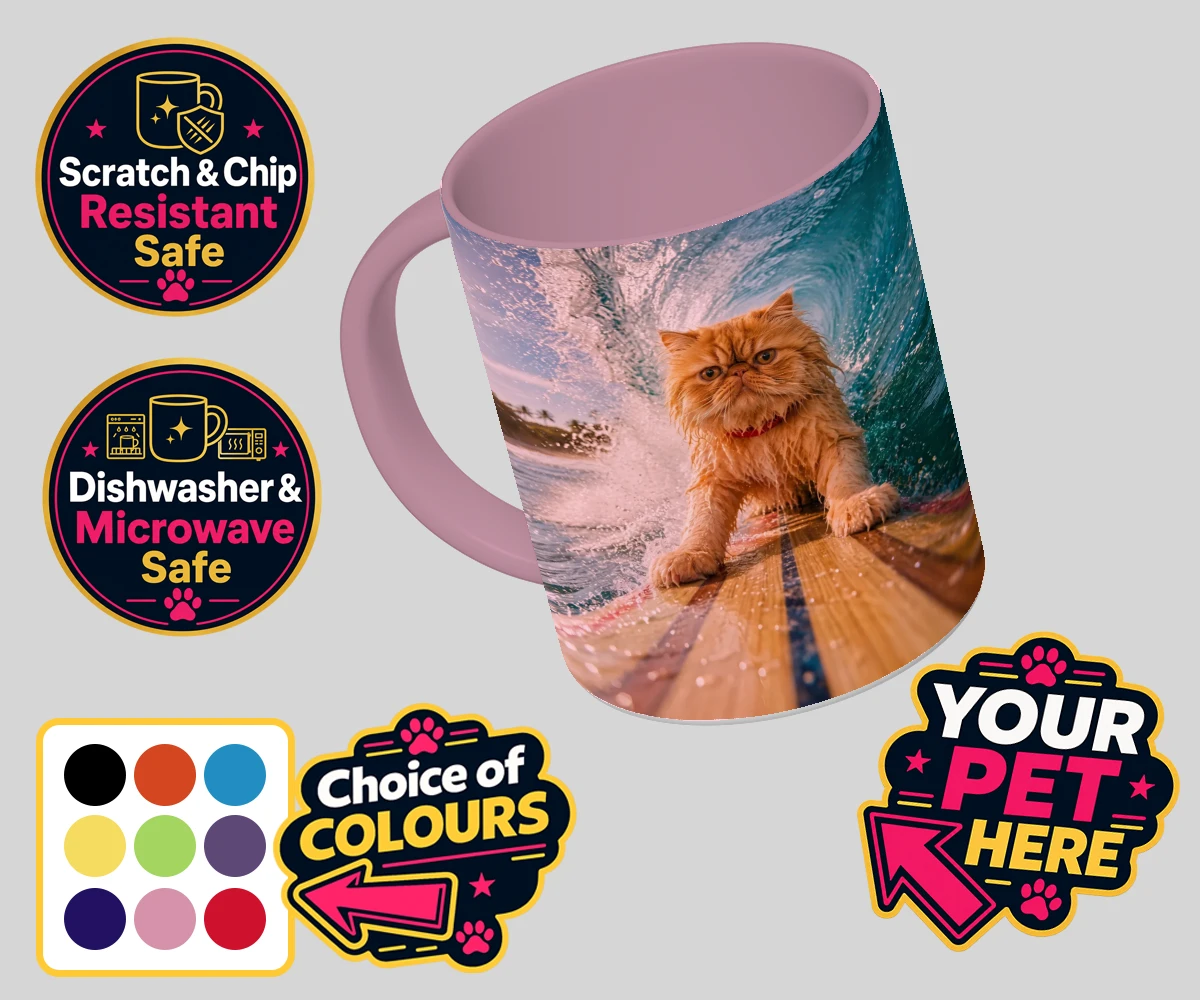 Personalised Paw Surf Rider cat coloured photo mugs featuring a whimsical portrait that captures the essence of feline adventure and