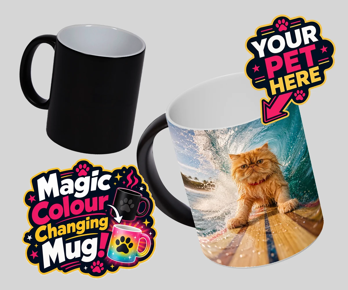 Personalised Paw Surf Rider cat magic photo mugs featuring a whimsical portrait that captures the essence of feline adventure and