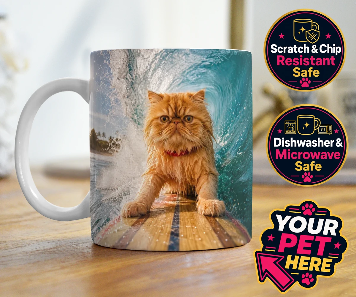 Personalised Paw Surf Rider cat photo mugs featuring a whimsical portrait that captures the essence of feline adventure and