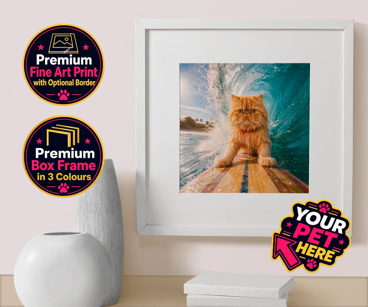 Personalised Paw Surf Rider cat box framed print featuring a whimsical portrait that captures the essence of feline adventure and