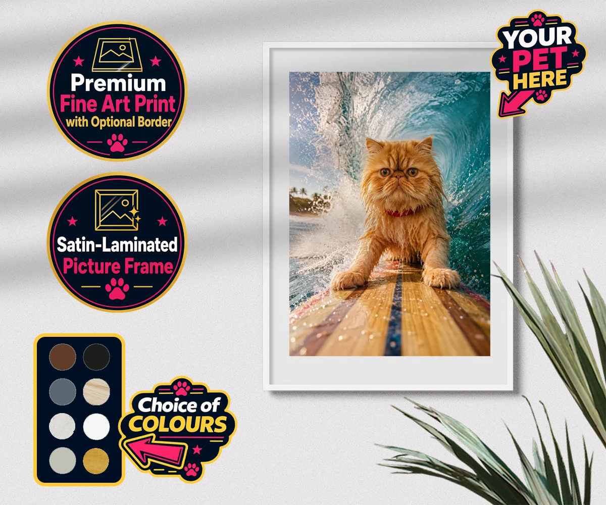 Personalised Paw Surf Rider cat premium framed print featuring a whimsical portrait that captures the essence of feline adventure and