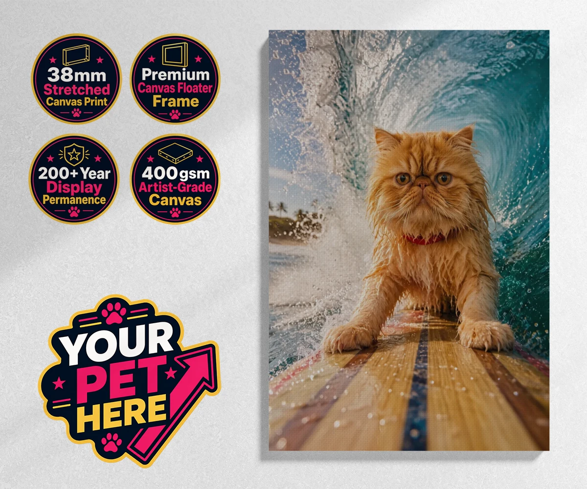 Personalised Paw Surf Rider cat stretched canvas print featuring a whimsical portrait that captures the essence of feline adventure and