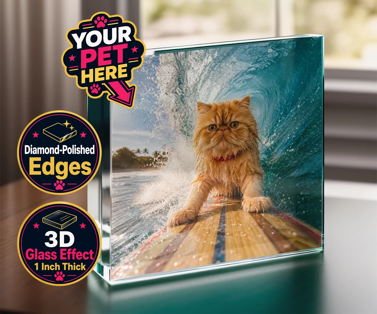Personalised Paw Surf Rider cat acrylic prisms featuring a whimsical portrait that captures the essence of feline adventure and